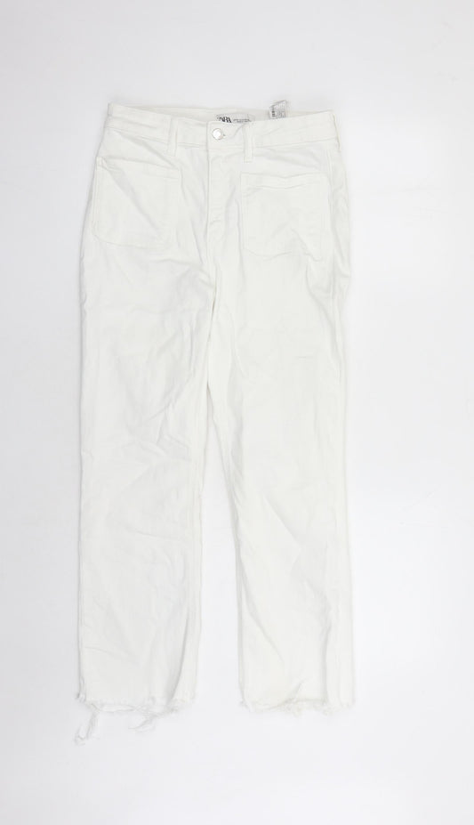 Zara Womens White Cotton Straight Jeans Size 10 L26 in Regular Zip - Raw Hems