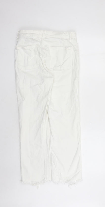 Zara Womens White Cotton Straight Jeans Size 10 L26 in Regular Zip - Raw Hems