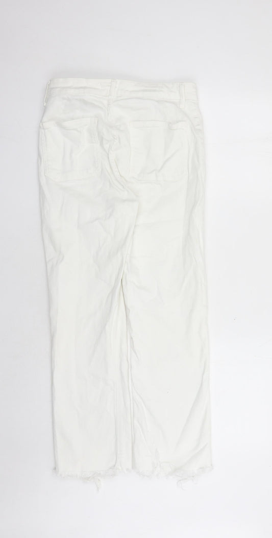 Zara Womens White Cotton Straight Jeans Size 10 L26 in Regular Zip - Raw Hems