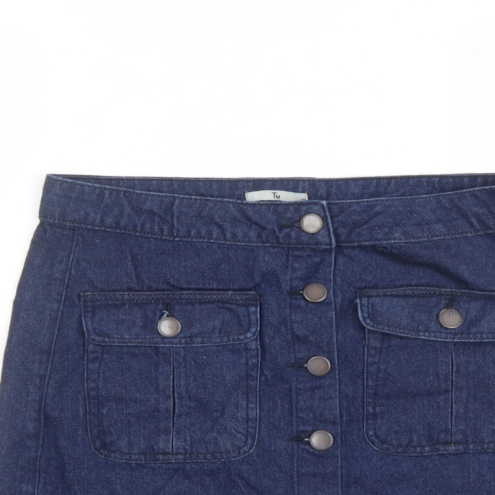 TU Womens Blue Cotton A-Line Skirt Size 10 Button - Pockets