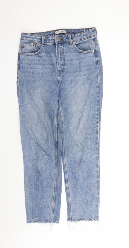 Denim & Co. Womens Blue Cotton Straight Jeans Size 10 L26 in Regular Zip - Pockets Short Leg Raw Hems