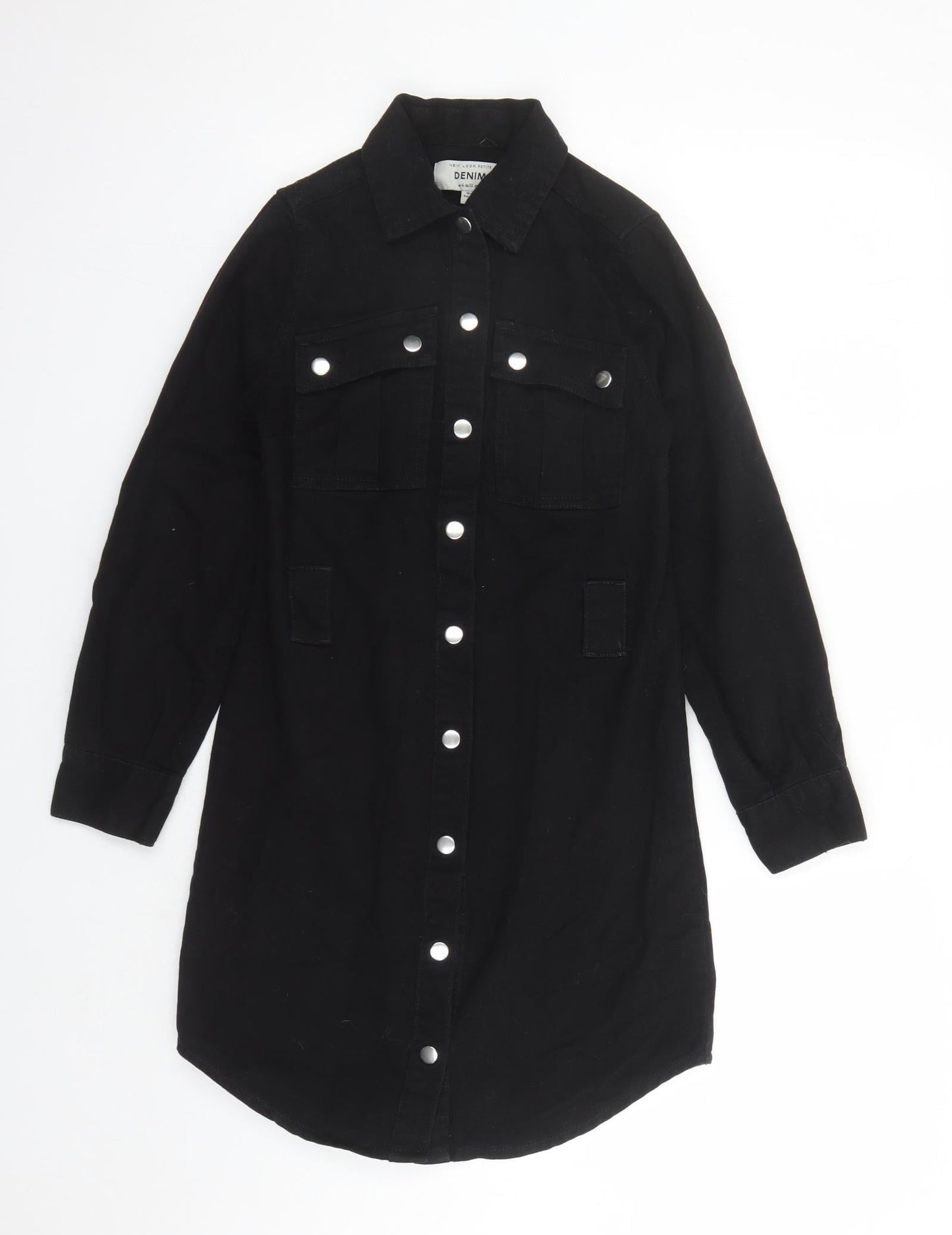 New Look Womens Black Cotton Shirt Dress Size 4 Collared Snap