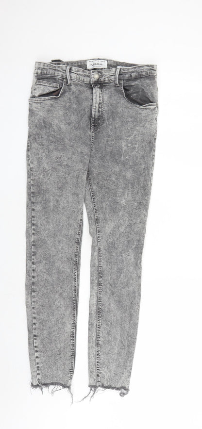Pull&Bear Womens Grey Cotton Straight Jeans Size 14 L26 in Regular Zip - Raw Hems Pockets