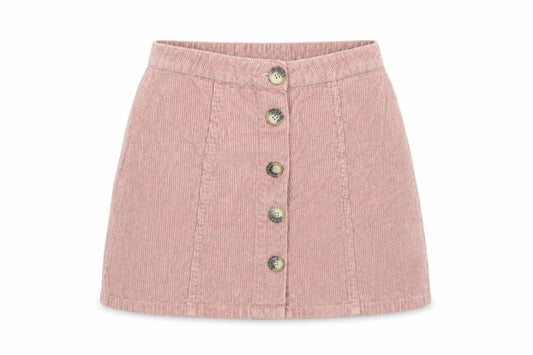 Front view of Denim & Co. women’s pink cotton mini skirt, size UK 10, button