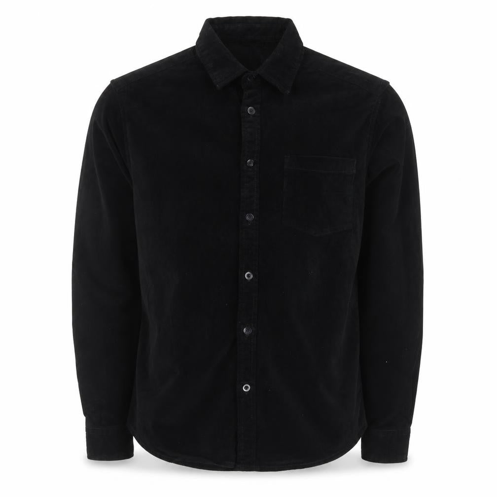 Front view of ASOS men’s black cotton button-up, size M, collared button