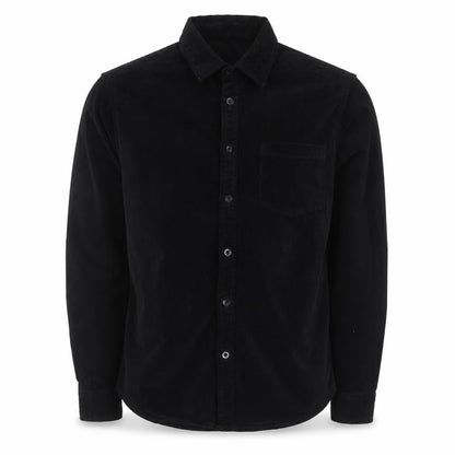 Front view of ASOS men’s black cotton button-up, size M, collared button