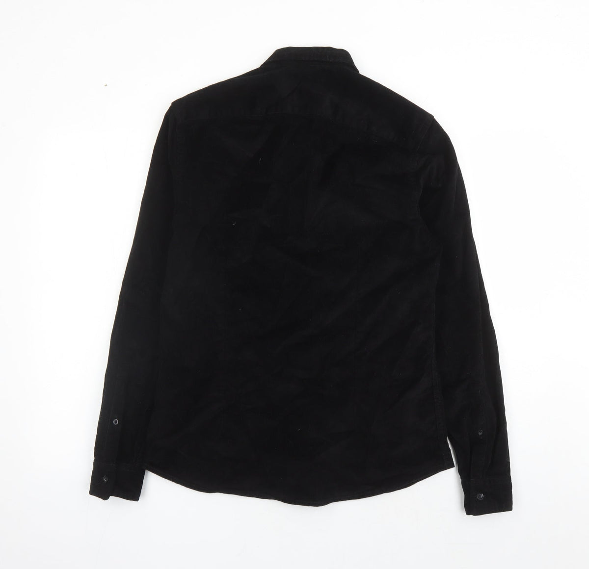 Back view of ASOS men’s black cotton button-up, size M, collared button