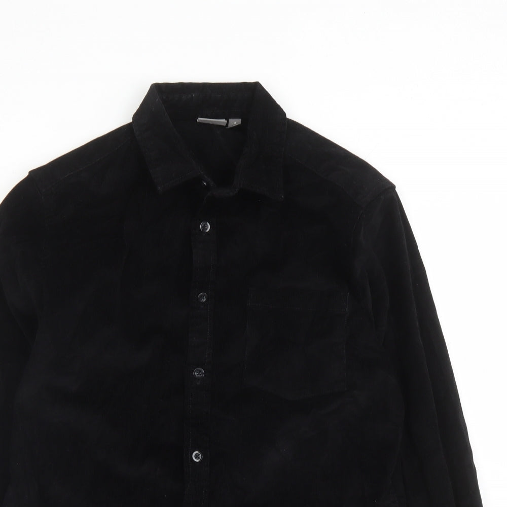 Close-up detail of ASOS men’s black cotton button-up, size M, collared button