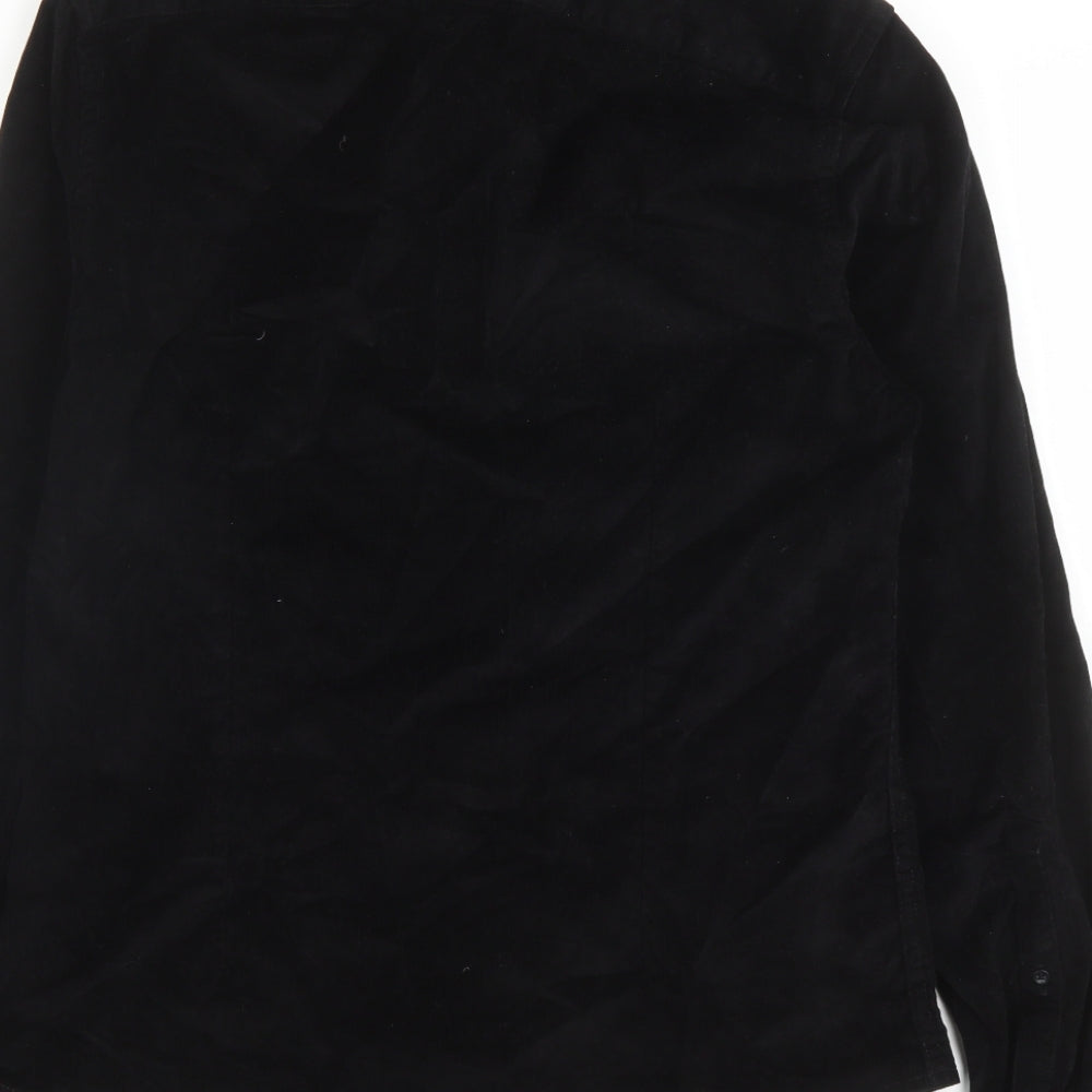 Brand and care label for ASOS men’s black cotton button-up, size M, collared button