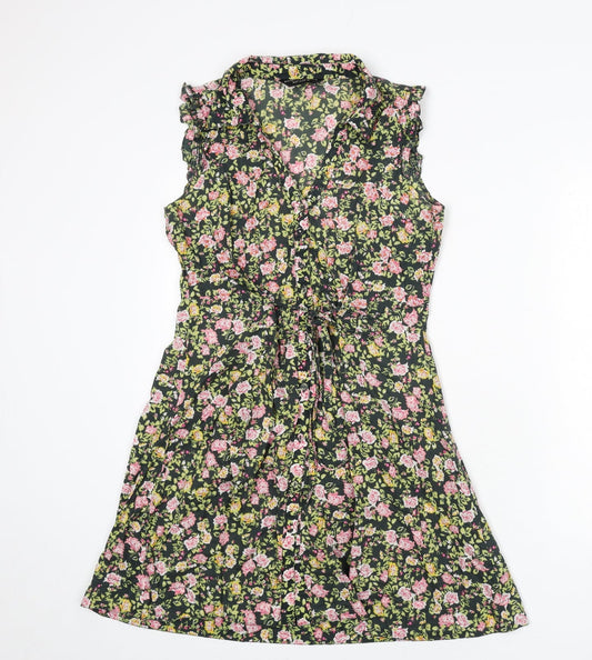 Dorothy Perkins Womens Multicoloured Floral Cotton A-Line Size 10 V-Neck Button - Ruffle Detail