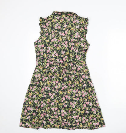 Dorothy Perkins Womens Multicoloured Floral Cotton A-Line Size 10 V-Neck Button - Ruffle Detail
