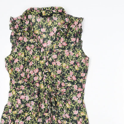 Dorothy Perkins Womens Multicoloured Floral Cotton A-Line Size 10 V-Neck Button - Ruffle Detail