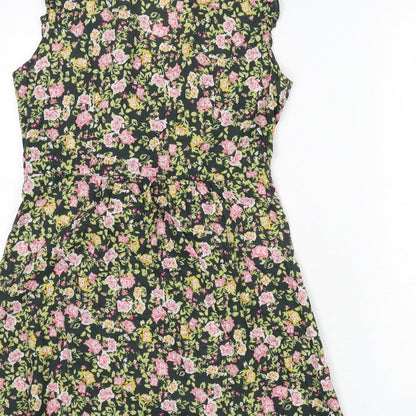 Dorothy Perkins Womens Multicoloured Floral Cotton A-Line Size 10 V-Neck Button - Ruffle Detail
