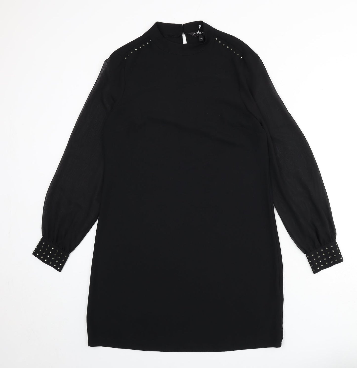 Dorothy Perkins Womens Black Polyester A-Line Size 10 Round Neck Button - Beaded Detail