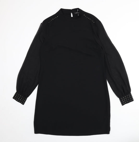 Dorothy Perkins Womens Black Polyester A-Line Size 10 Round Neck Button - Beaded Detail