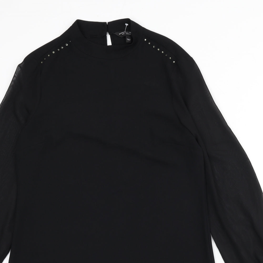 Dorothy Perkins Womens Black Polyester A-Line Size 10 Round Neck Button - Beaded Detail