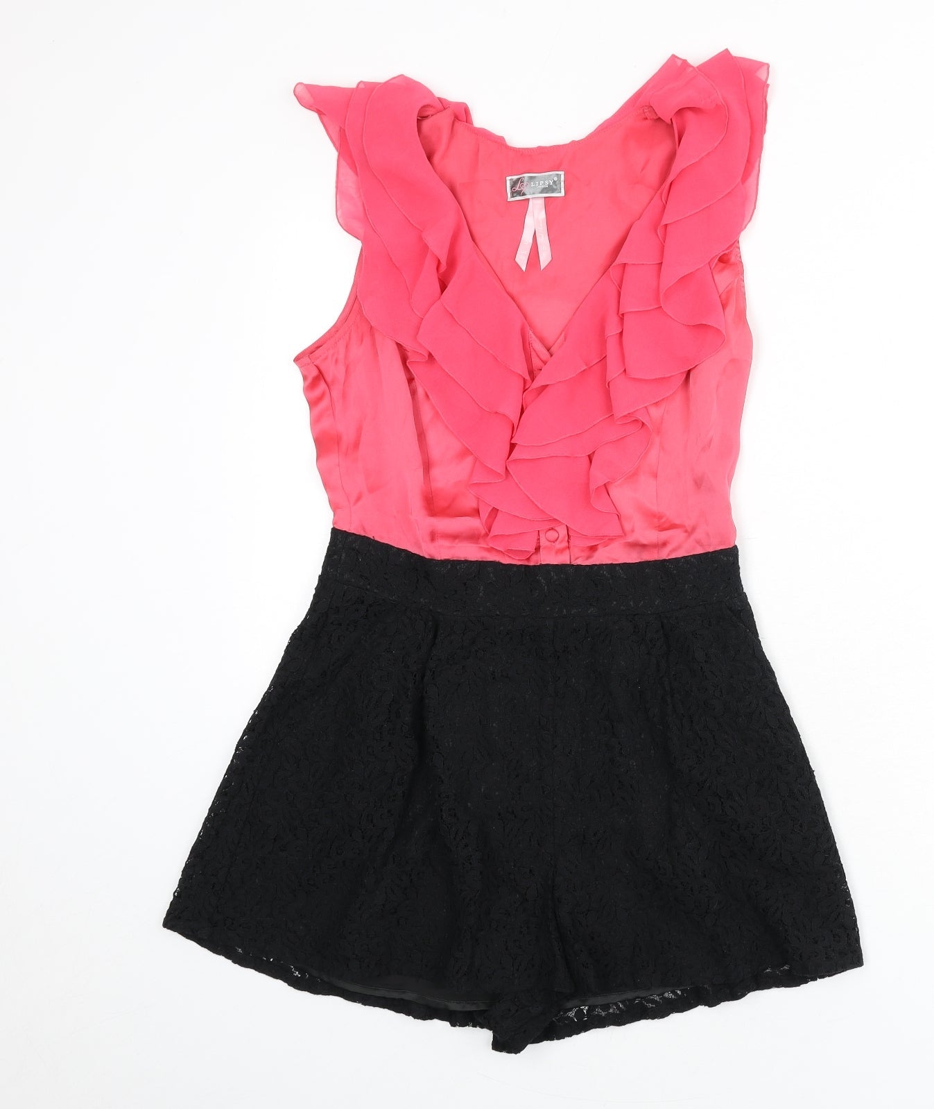 Lipsy Womens Pink Polyester Romper One-Piece Size 10 Zip - Ruffle Detail, Lace Detail
