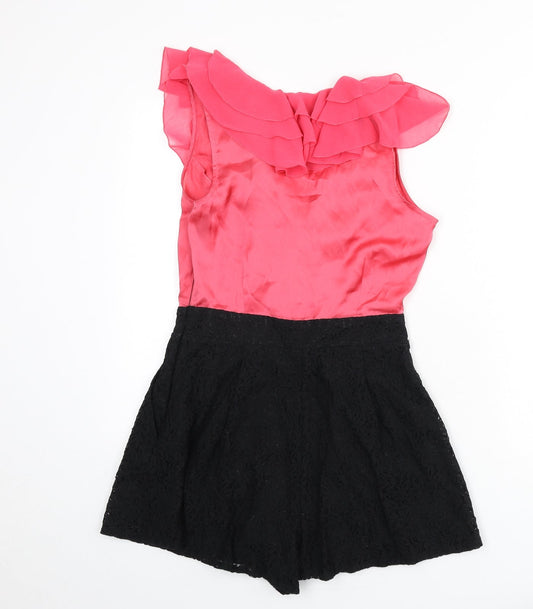 Lipsy Womens Pink Polyester Romper One-Piece Size 10 Zip - Ruffle Detail, Lace Detail