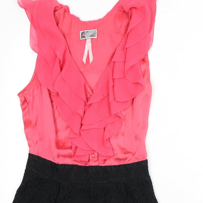Lipsy Womens Pink Polyester Romper One-Piece Size 10 Zip - Ruffle Detail, Lace Detail