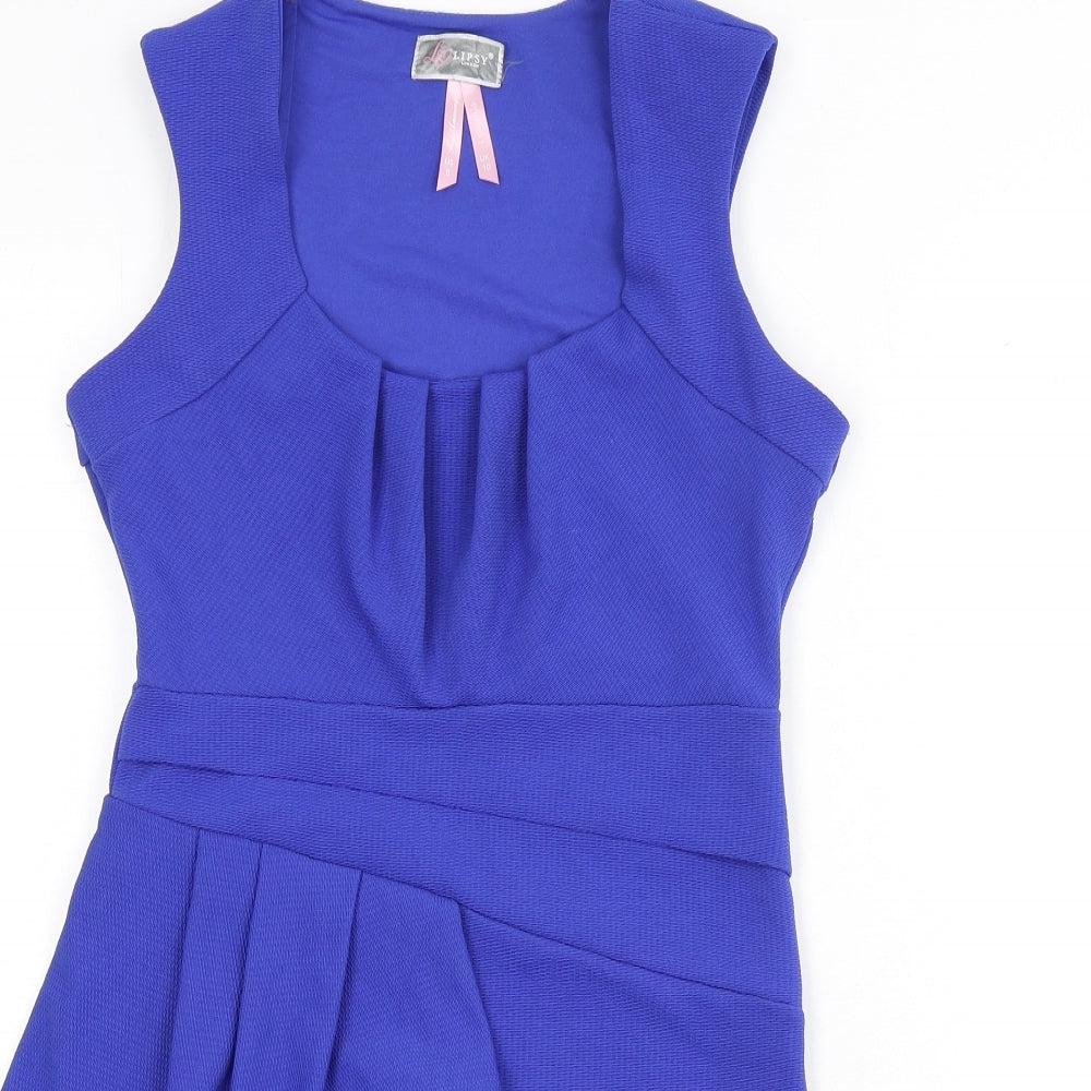 Lipsy Womens Blue Polyester Pencil Dress Size 10 Scoop Neck Pullover - Ruffle Detail