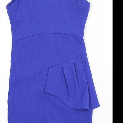 Lipsy Womens Blue Polyester Pencil Dress Size 10 Scoop Neck Pullover - Ruffle Detail