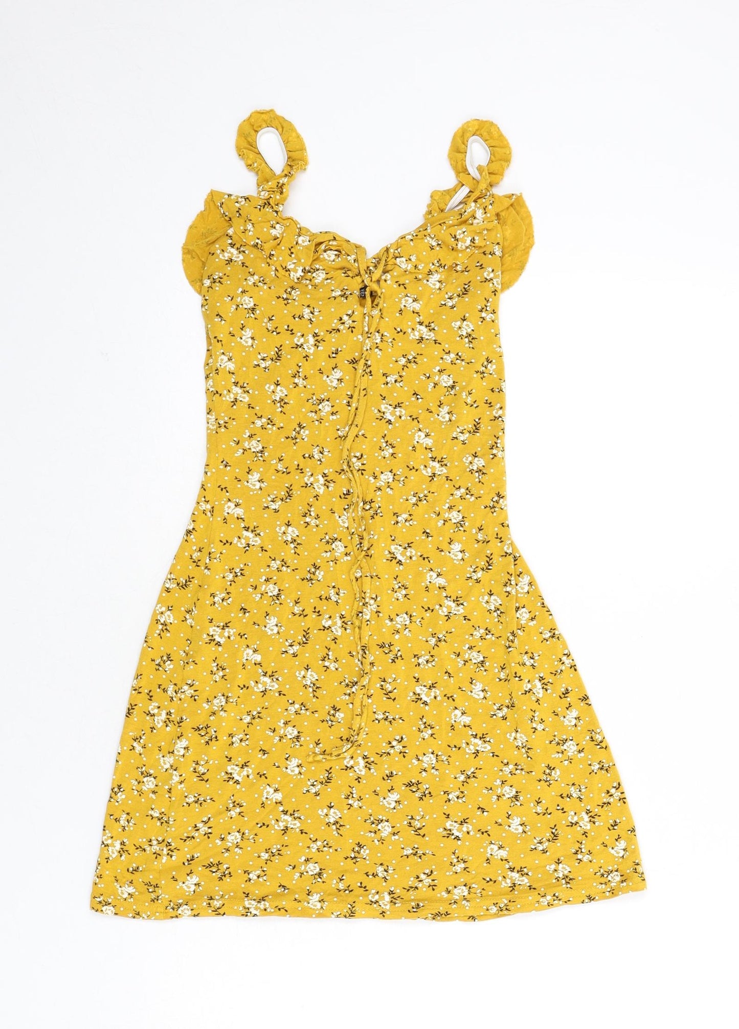 PRETTYLITTLETHING Womens Yellow Floral Viscose A-Line Size 4 V-Neck Lace Up