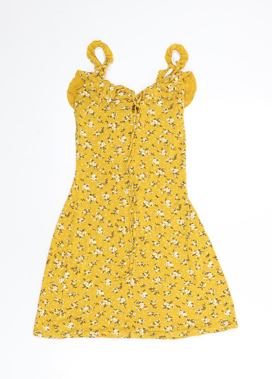 PRETTYLITTLETHING Womens Yellow Floral Viscose A-Line Size 4 V-Neck Lace Up