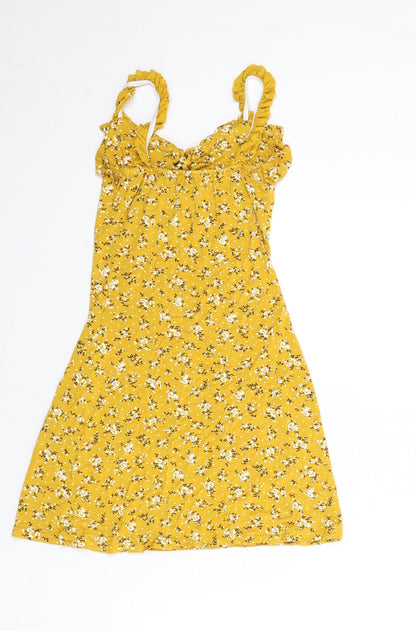 PRETTYLITTLETHING Womens Yellow Floral Viscose A-Line Size 4 V-Neck Lace Up