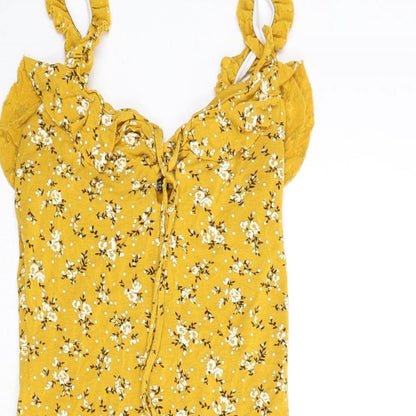 PRETTYLITTLETHING Womens Yellow Floral Viscose A-Line Size 4 V-Neck Lace Up