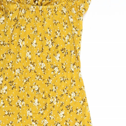 PRETTYLITTLETHING Womens Yellow Floral Viscose A-Line Size 4 V-Neck Lace Up