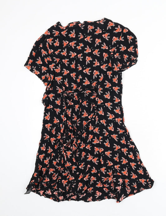 Henry Holland Womens Black Geometric Viscose A-Line Size 12 Collared Zip - Goldfish Print, Lace Up Back