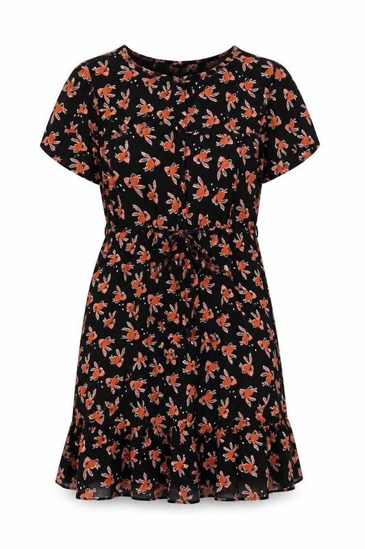 Front view of Henry Holland women’s black geometric viscose a-line, size UK 12, collared zip - goldfish print, lace up back