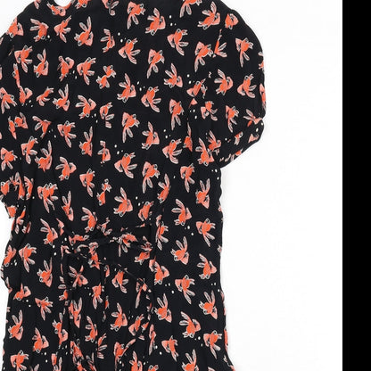 Henry Holland Womens Black Geometric Viscose A-Line Size 12 Collared Zip - Goldfish Print, Lace Up Back