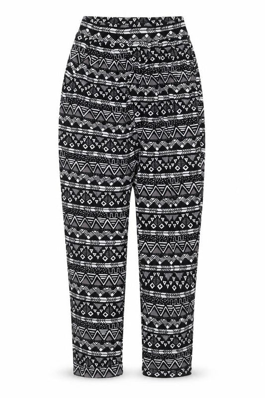 Front view of ASOS women’s multicoloured geometric viscose trousers, size UK 6, 23-inch leg regular