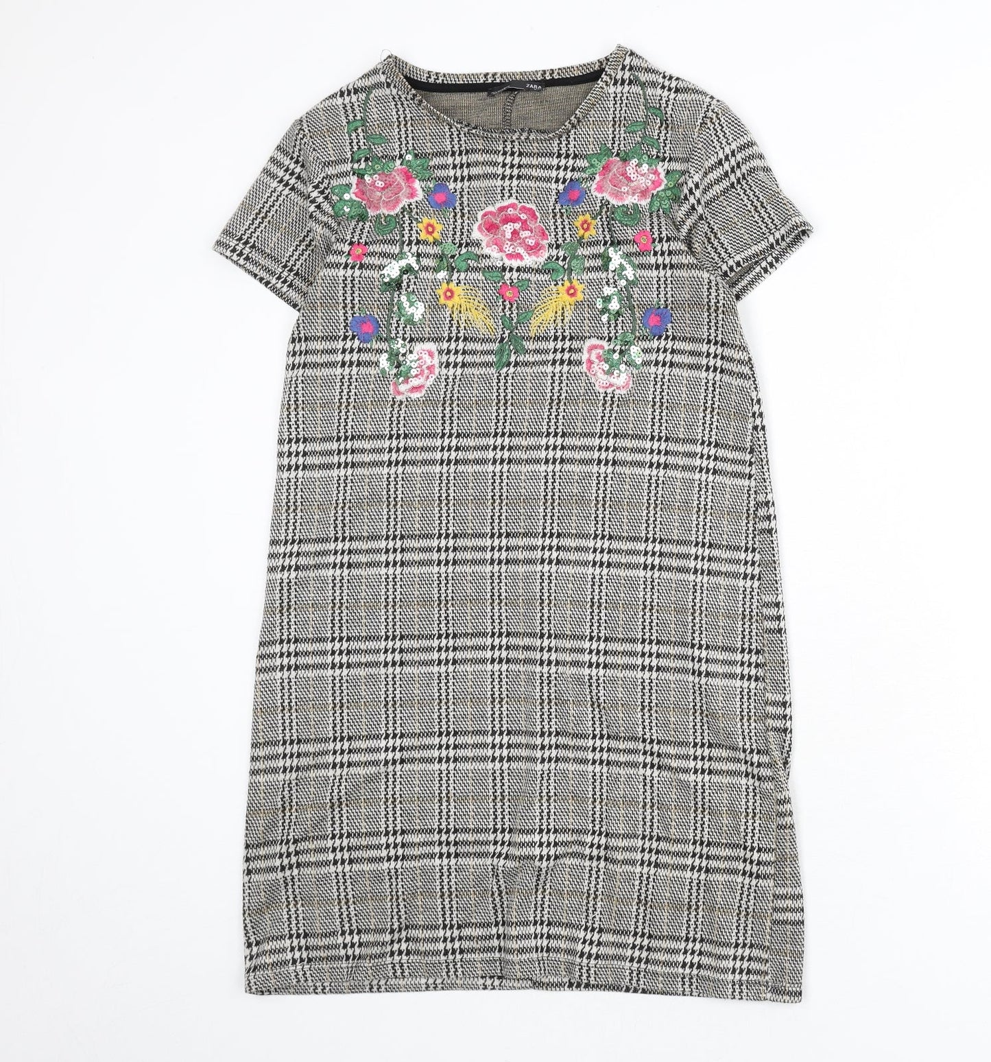 Zara Womens Multicoloured Plaid Polyester Sheath Size S Round Neck Pullover - Floral Embroidery, Sequins, Houndstooth