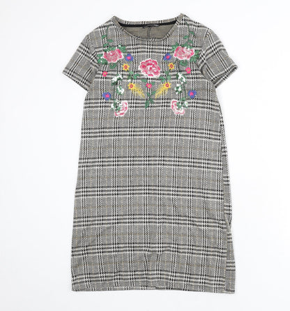 Zara Womens Multicoloured Plaid Polyester Sheath Size S Round Neck Pullover - Floral Embroidery, Sequins, Houndstooth