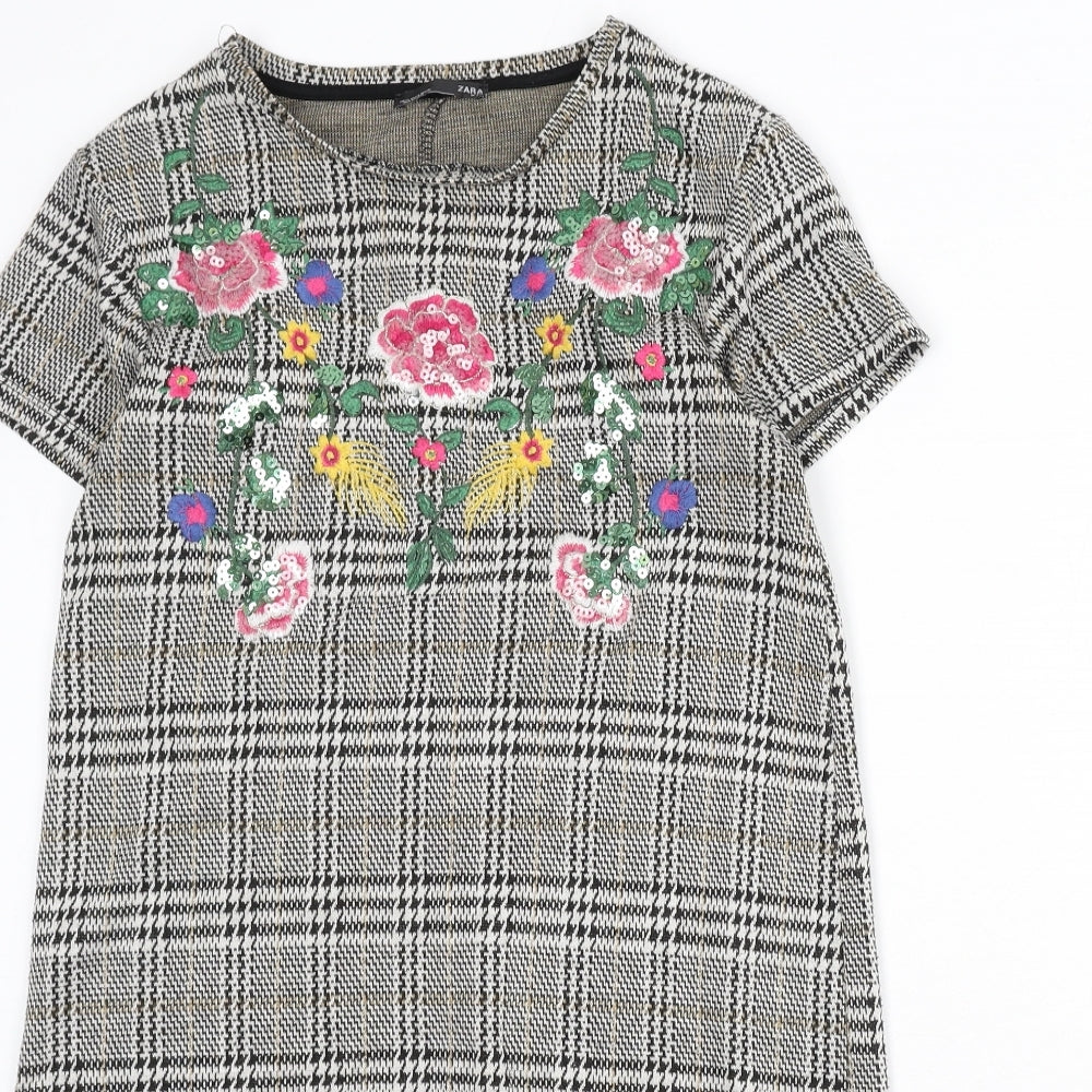 Zara Womens Multicoloured Plaid Polyester Sheath Size S Round Neck Pullover - Floral Embroidery, Sequins, Houndstooth