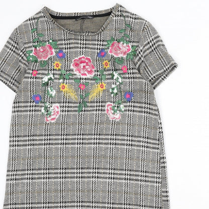Zara Womens Multicoloured Plaid Polyester Sheath Size S Round Neck Pullover - Floral Embroidery, Sequins, Houndstooth