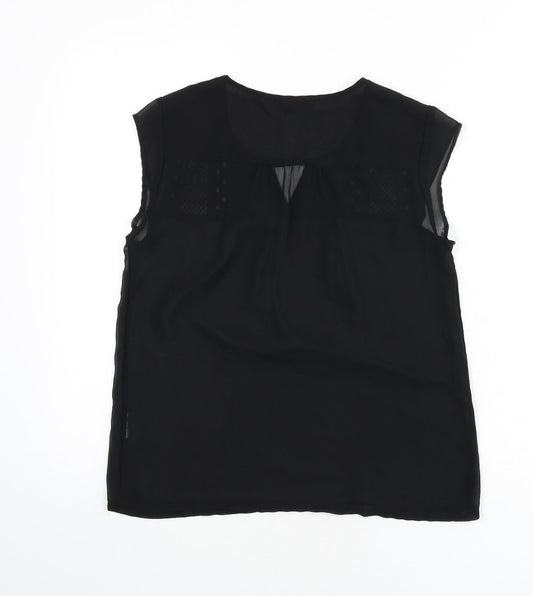 Mexx Womens Black Polyester Basic Blouse Size 10 Round Neck - Embroidered Detail, Keyhole Cutout