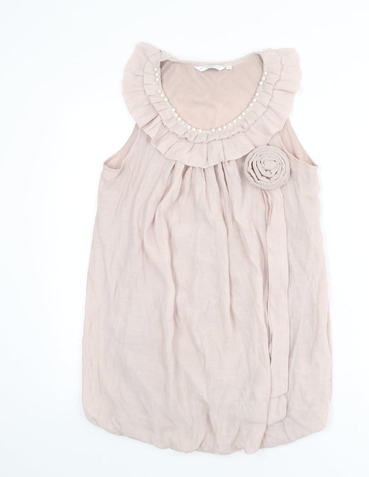 New Look Womens Pink Polyester Mini Size 12 Scoop Neck Pullover - Ruffles, Flower, Beads
