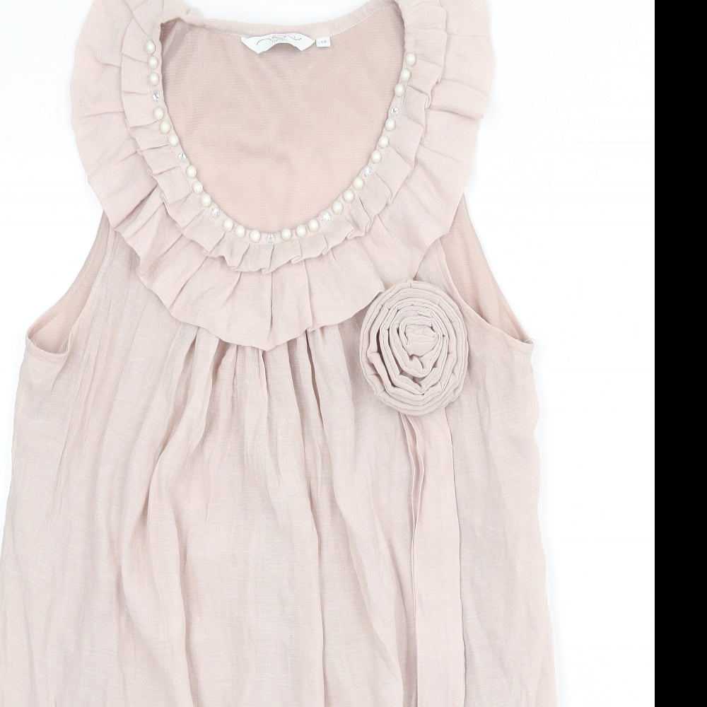 New Look Womens Pink Polyester Mini Size 12 Scoop Neck Pullover - Ruffles, Flower, Beads