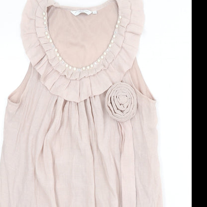 New Look Womens Pink Polyester Mini Size 12 Scoop Neck Pullover - Ruffles, Flower, Beads