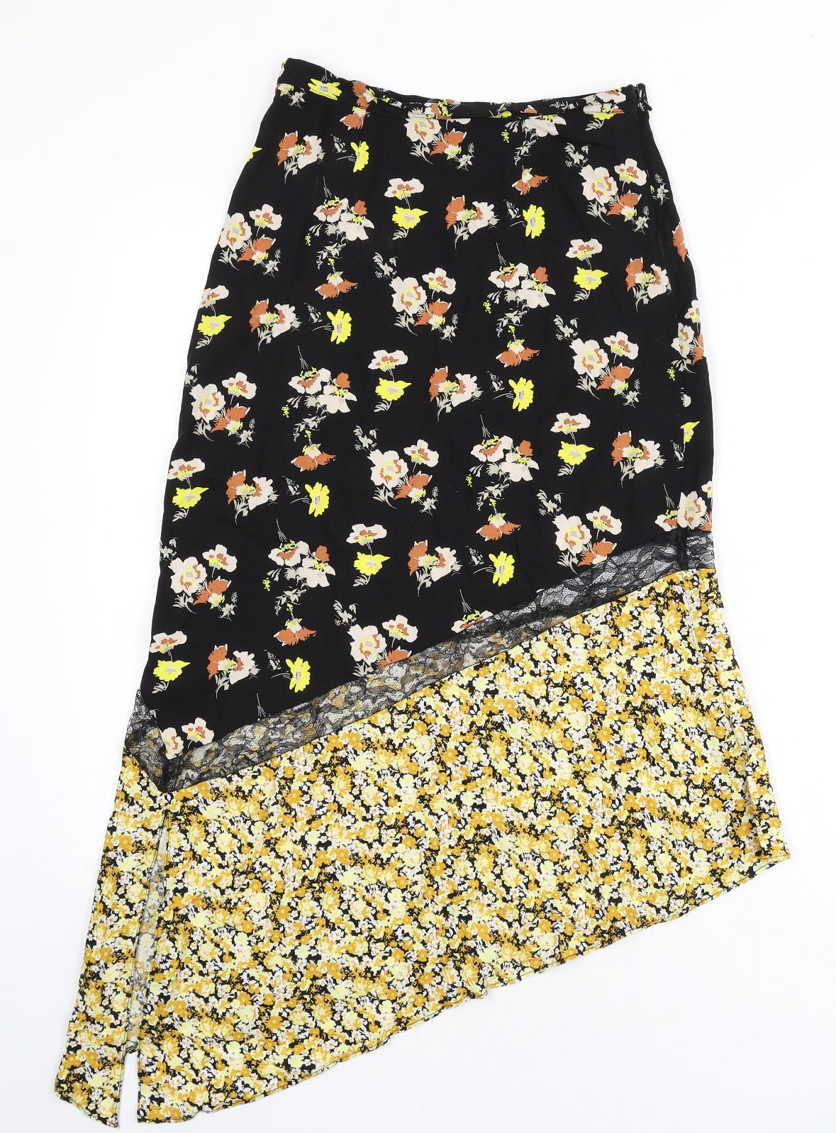 ASOS Womens Multicoloured Floral Viscose A-Line Skirt Size 6 Zip - Asymmetric, Lace Detail