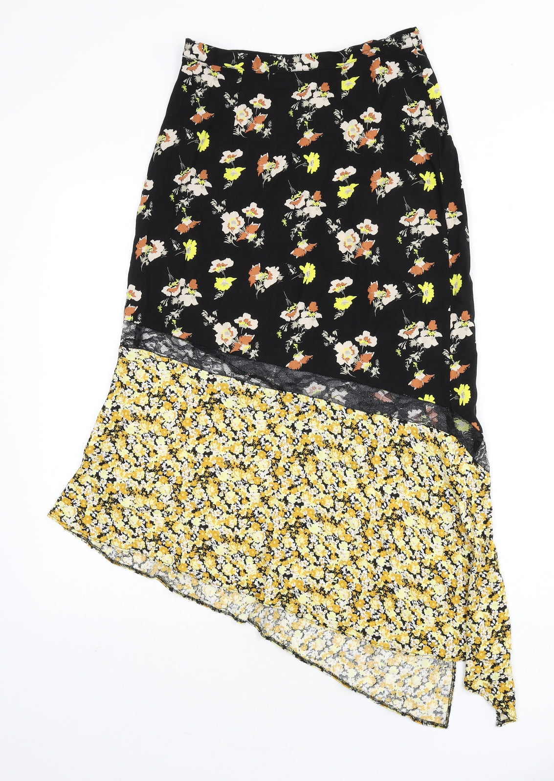 ASOS Womens Multicoloured Floral Viscose A-Line Skirt Size 6 Zip - Asymmetric, Lace Detail