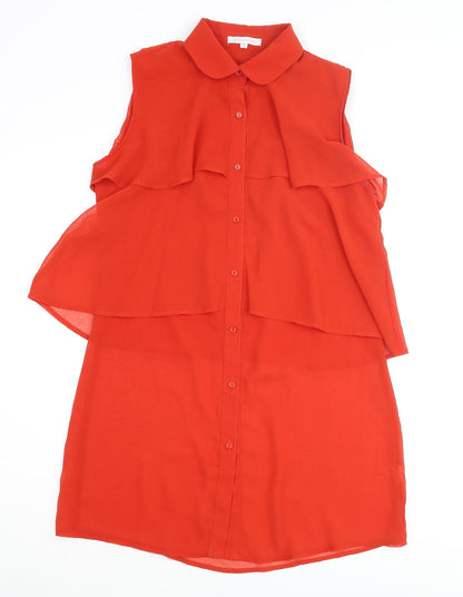 Glamorous Womens Red Polyester Tunic Blouse Size 12 Collared - Layered Frill Semi Sheer