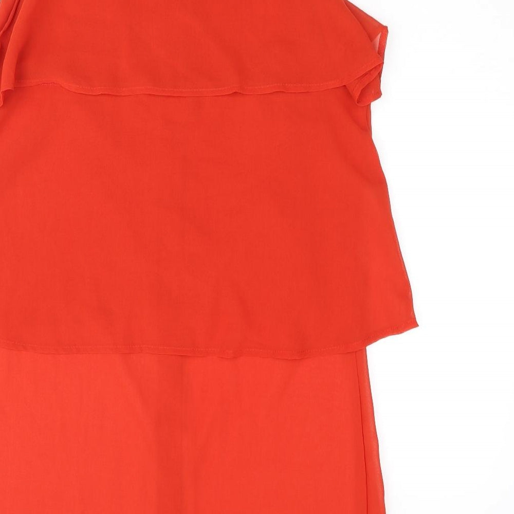 Glamorous Womens Red Polyester Tunic Blouse Size 12 Collared - Layered Frill Semi Sheer