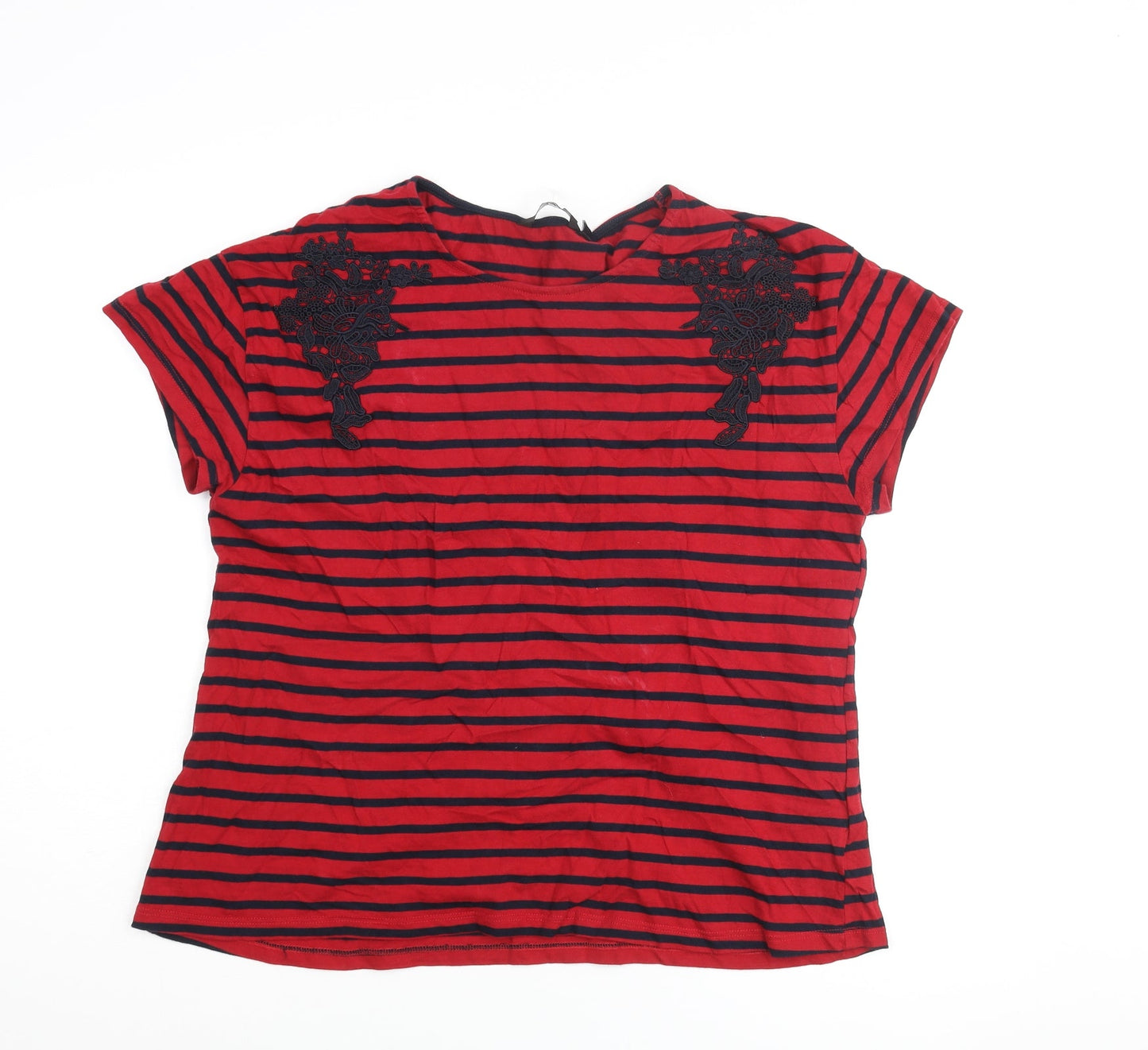 Fig Womens Red Striped Polyester Basic T-Shirt Size XL Round Neck - Embroidered Detail