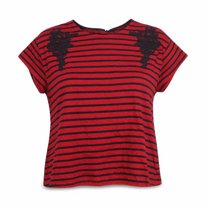 Fig Womens Red Striped Polyester Basic T-Shirt Size XL Round Neck - Embroidered Detail