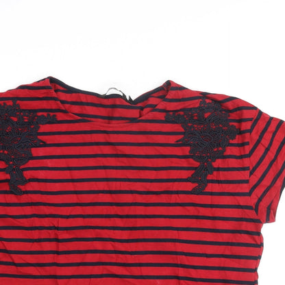 Fig Womens Red Striped Polyester Basic T-Shirt Size XL Round Neck - Embroidered Detail