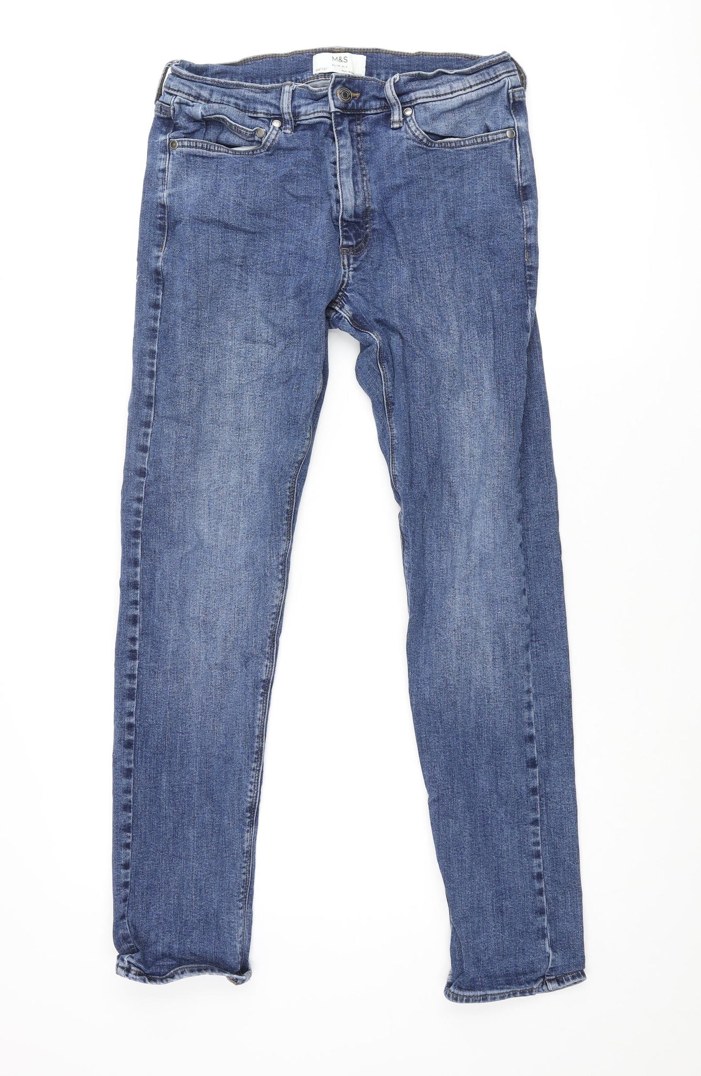 Marks and Spencer Mens Blue Cotton Straight Jeans Size 30 in L31 in Regular Zip